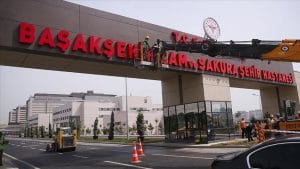The entrance to the medical city in Basaksehir has a large signboard with the words “Kam and Sakura” written in red