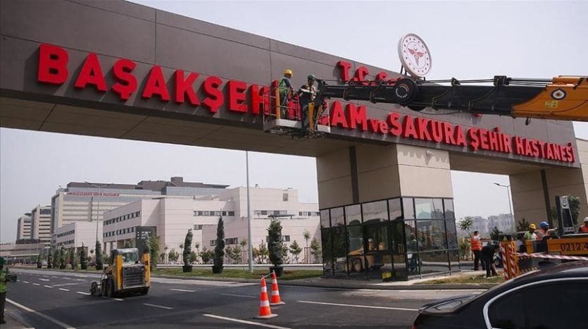 The entrance to the medical city in Basaksehir has a large signboard with the words “Kam and Sakura” written in red