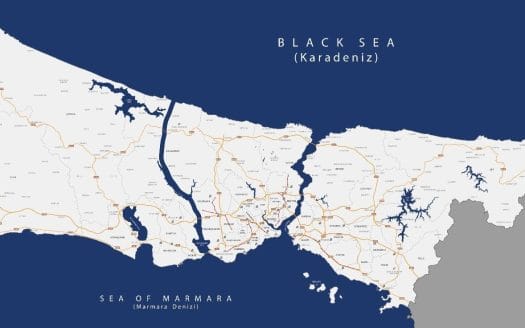 خريطة قناة إسطنبول الجديدة تظهر مسار القناة وبعدها عن مضيق البوسفور
