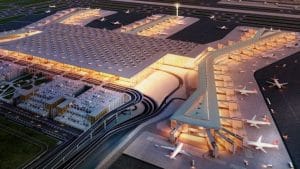 The new Istanbul Airport from above shows the runways, planes and airport space