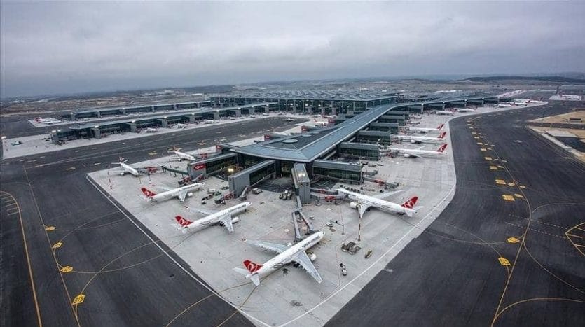 A number of planes stand on one of the runways of the new Istanbul airport