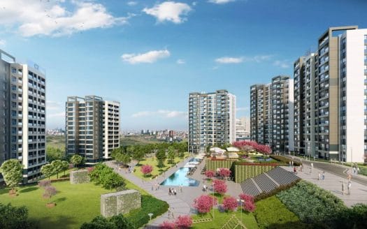 مباني سكنية ضمن مجمع سكني كبير يفصل بينها أشجار وطرقات فرعية ومسطح مائي