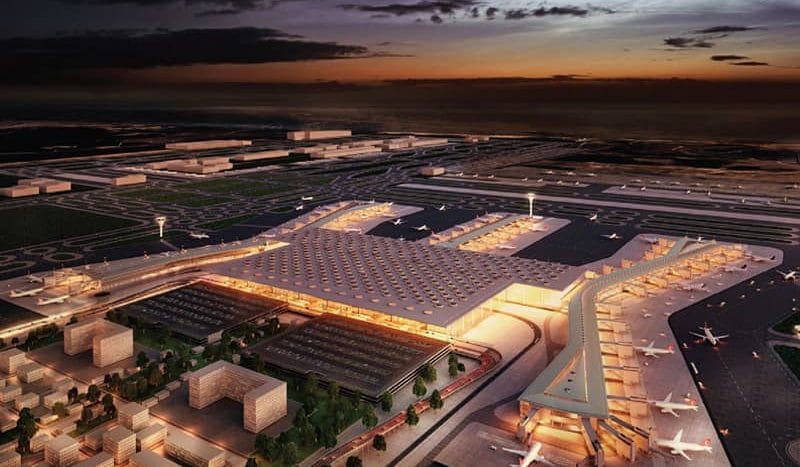Istanbul's new airport at night from outside