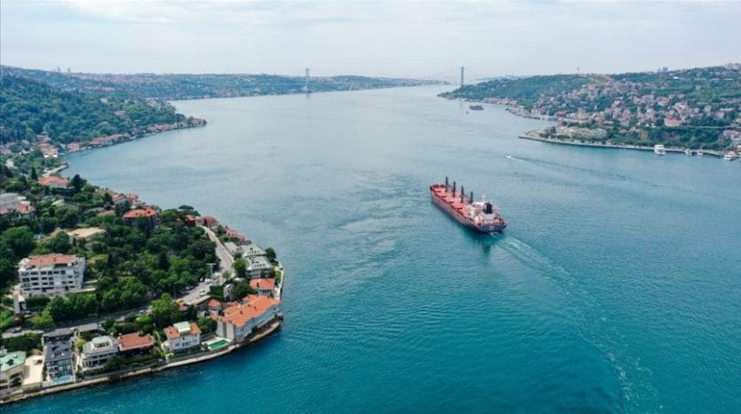 A ship passing through the waters of the Bosphorus Strait, parallel to the Istanbul Canal, in Yenişehir