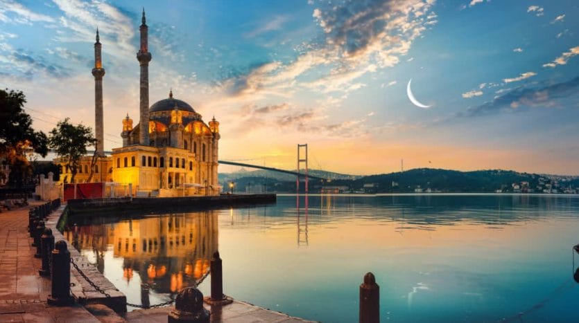 A mosque overlooking the sea before sunset in Istanbul