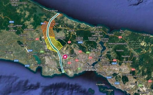 A map of the new Istanbul Canal showing the areas through which the canal, the Black Sea, and the Sea of ​​Marmara pass